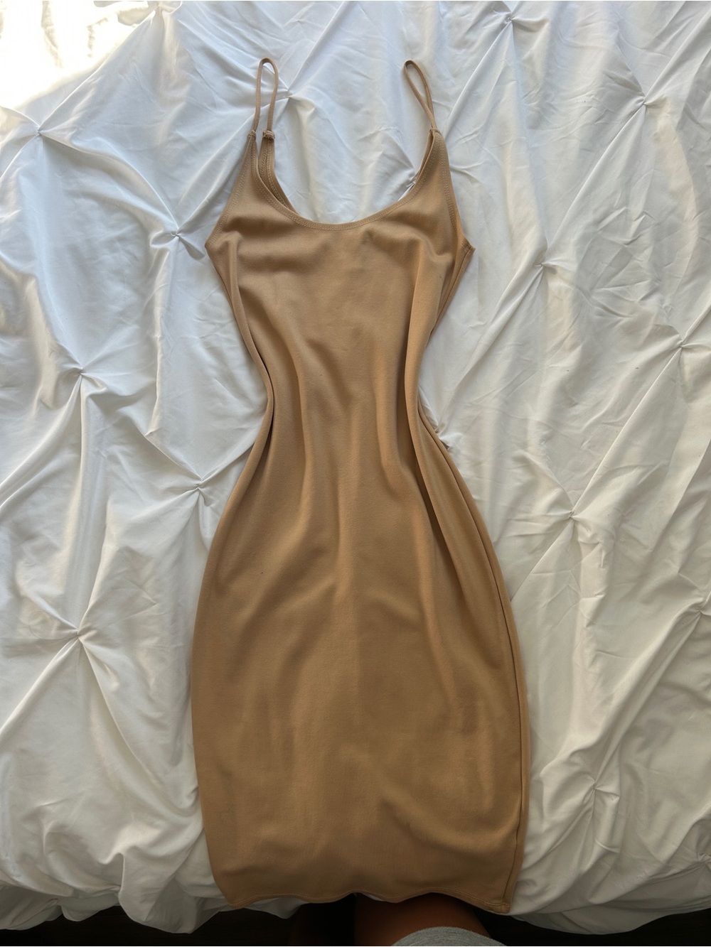 Spaghetti Strap Scoop Neck Bodycon Slip Mini Dress in Camel Tan